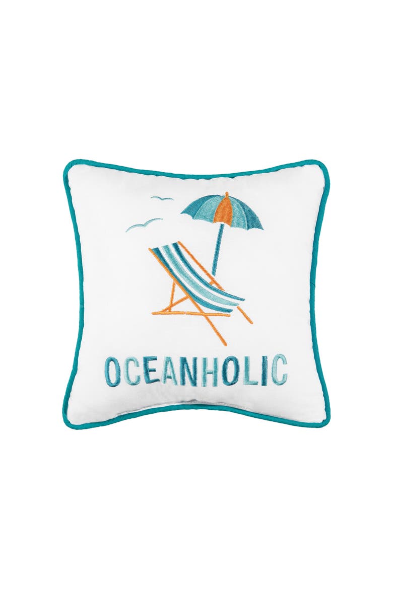 "Oceanholic" Beach Chair & Umbrella Embroidered Mini Cotton Blend Accent Pillow 10" x 10", Main, color, Blue