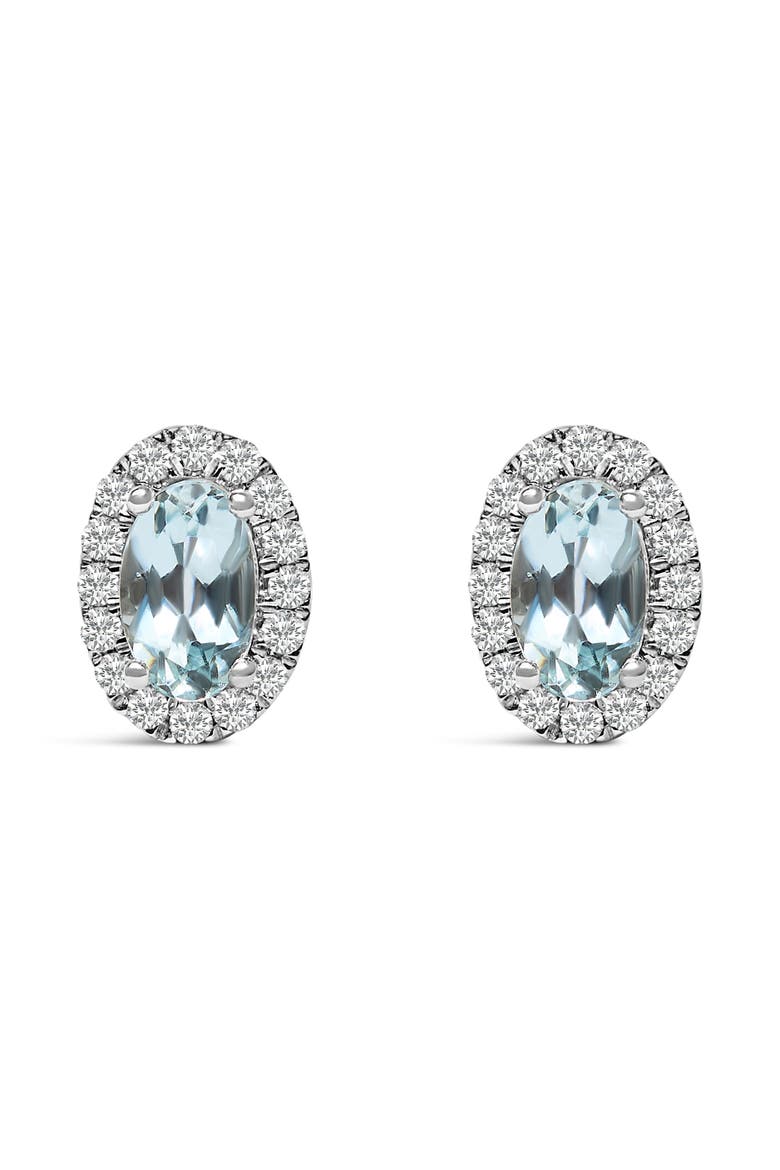 10K White Gold 5x3 MM Oval Cut Birthstone and Diamond Halo Stud Earrings, Main, color, Blue Aquamarine