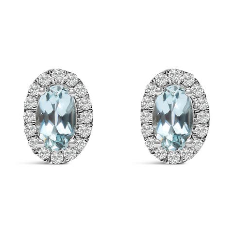 10K White Gold 5x3 MM Oval Cut Birthstone and Diamond Halo Stud Earrings