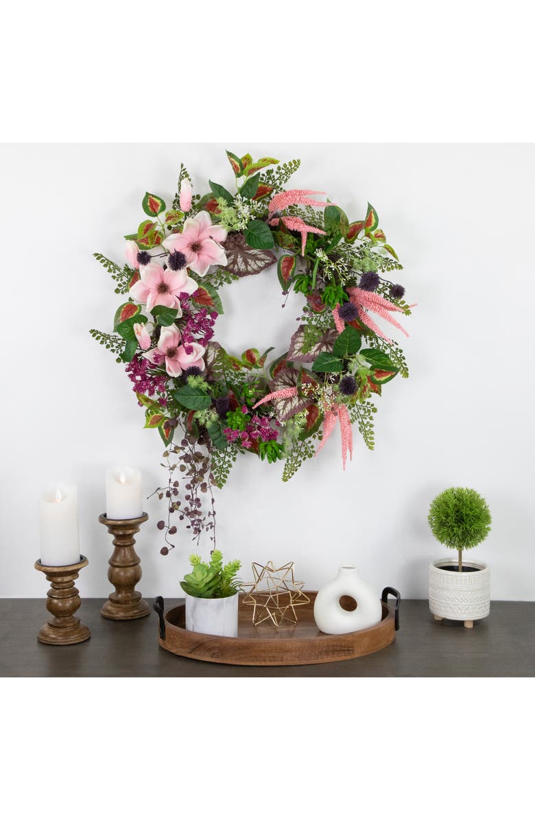 Northlight Artificial Astilbe and Thistle Mixed Spring Floral Wreath - 24", Alternate, color, Green