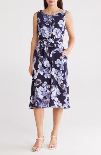 Connected Apparel Waist Tie Midi Dress In Navy
