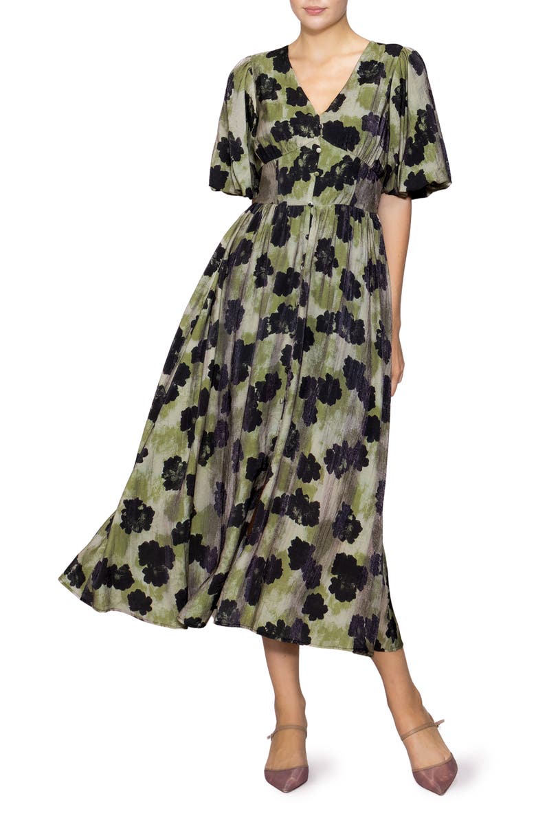 MELLODAY Bubble Sleeve Fit & Flare Midi Dress, Main, color, Grey Black Floral
