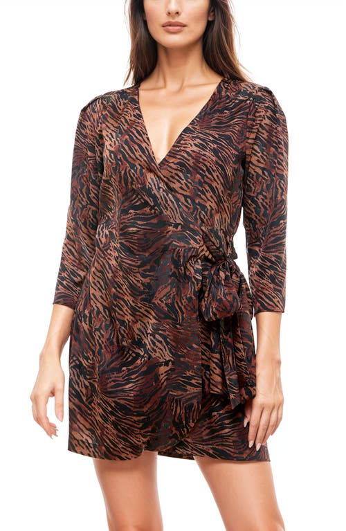 Socialite Stripe Long Sleeve Satin Wrap Dress In Dark Brown Animal
