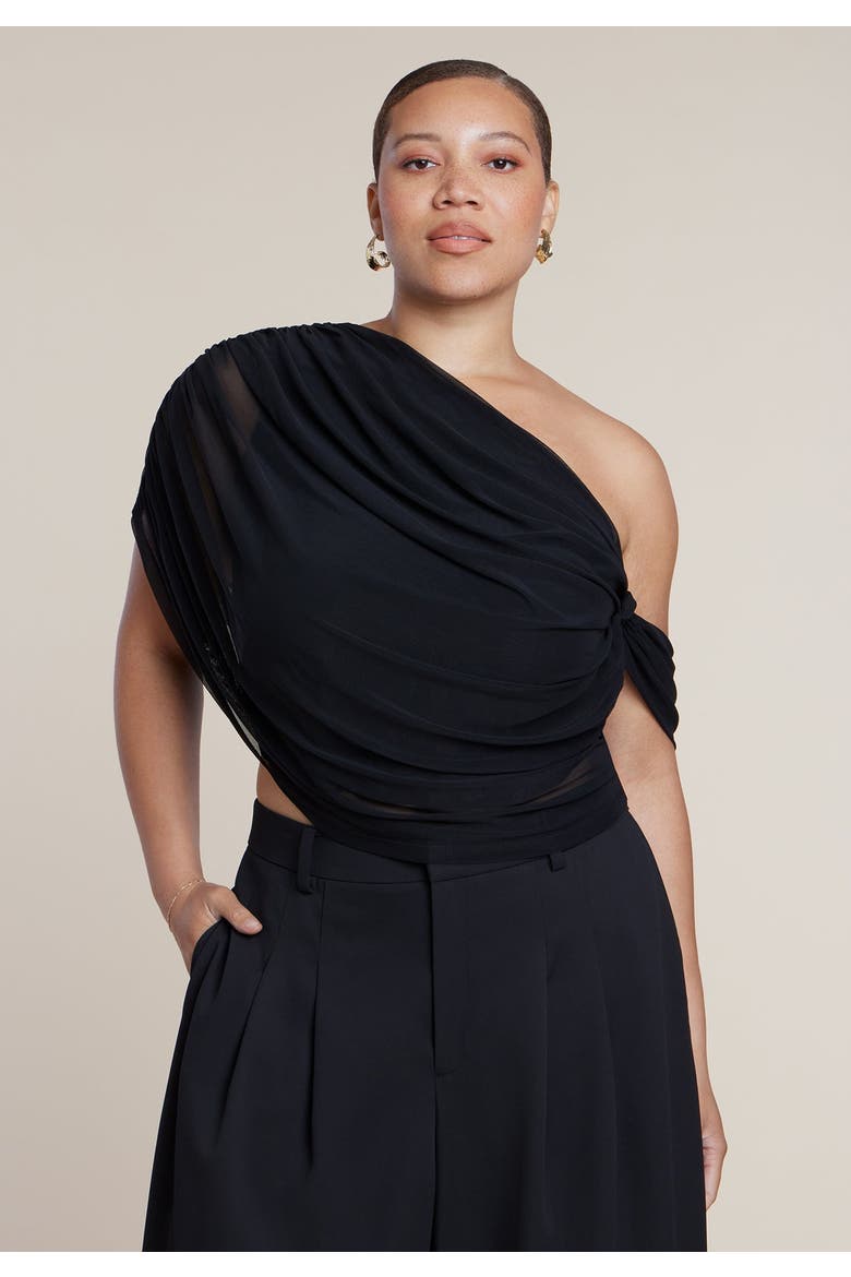 Semi Sheer Twisted One Shoulder Top, Main, color, BLACK ONYX