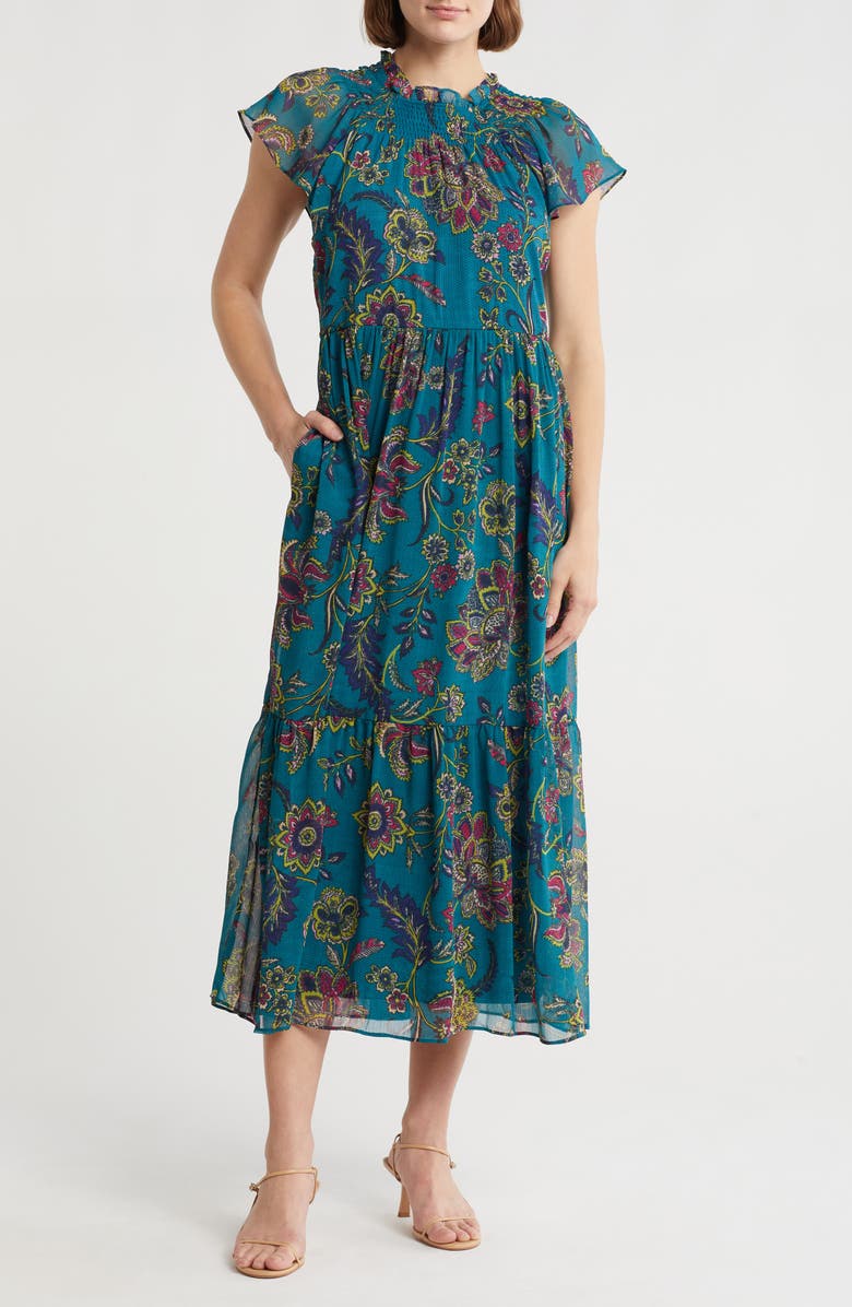 The Good Journey Smocked Flutter Sleeve Midi Dress, Main, color, Teal/ Fuchsia