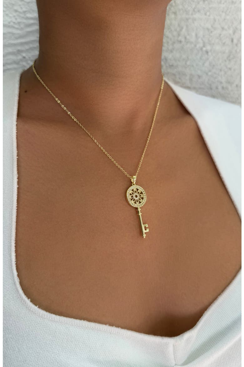 14K Gold Plated Cubic Zirconia Ornate Key Pendant Necklace, Alternate, color, GOLD