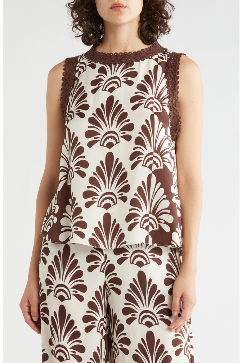 Lace Trim Shell, Main, color, IVORY/ BROWN FAN PRINT