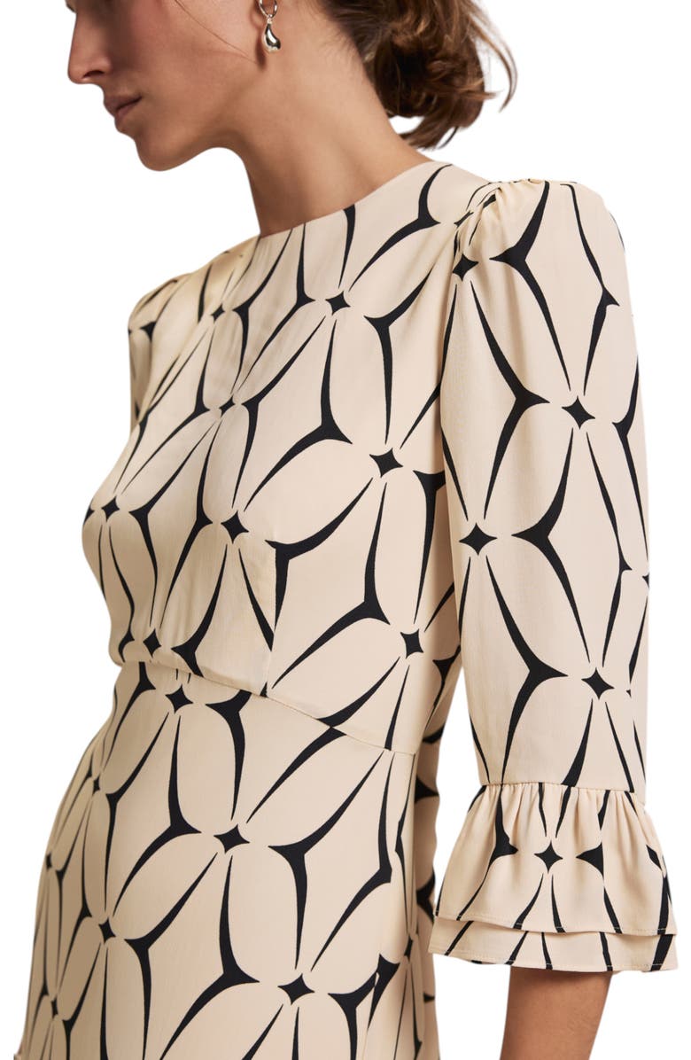 MINT VELVET Geo Print Ruffle Midi Dress, Alternate, color, Cream