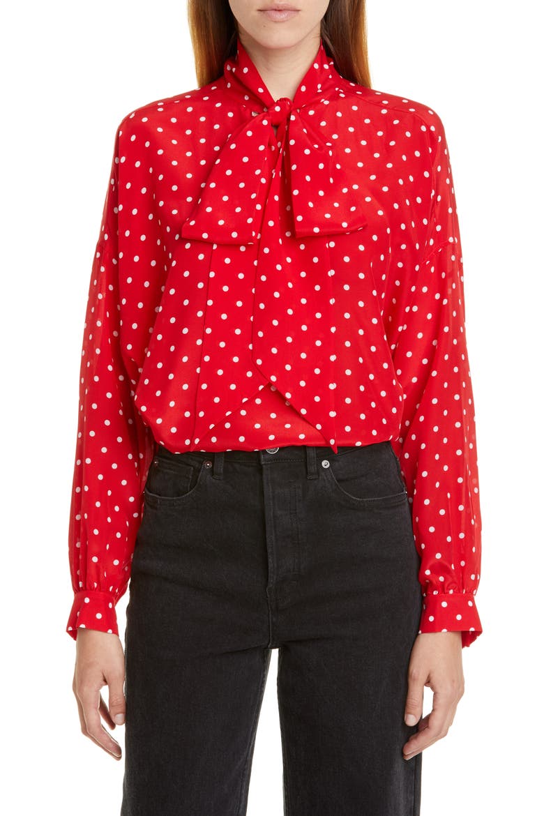 Polka Dot Tie Neck Silk Blouse, Main, color, RED/ WHITE