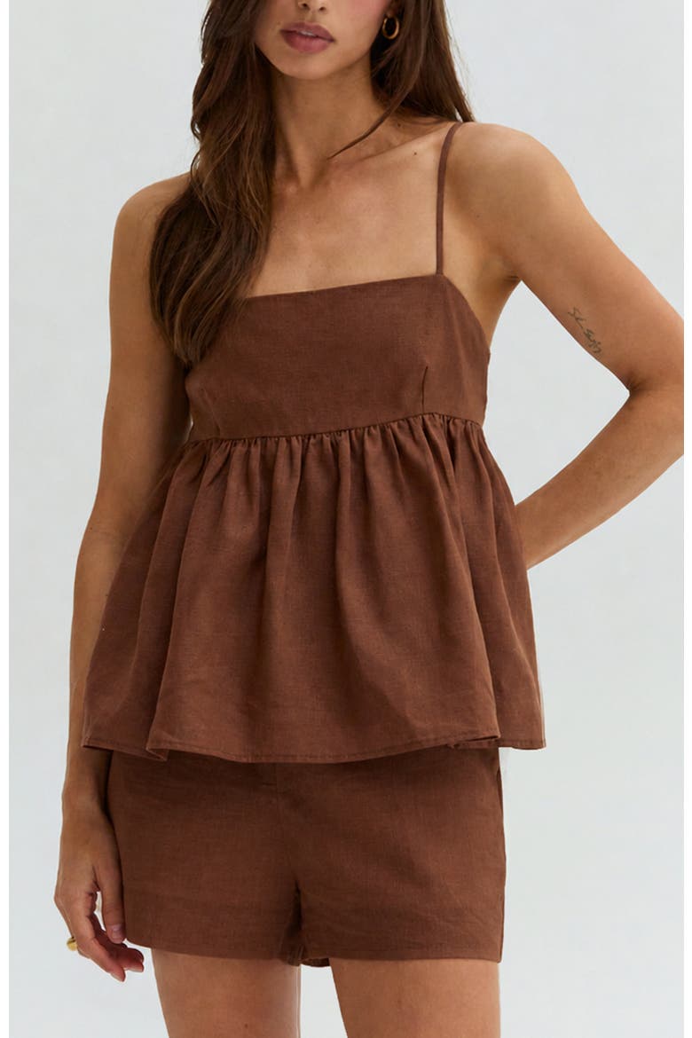 Tie Back Babydoll Linen Blend Top, Main, color, Brown