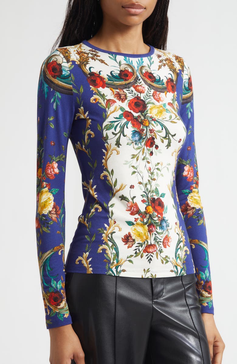 Alice + Olivia Delaina Floral Long Sleeve Mesh Top, Alternate, color, Gilded Rose