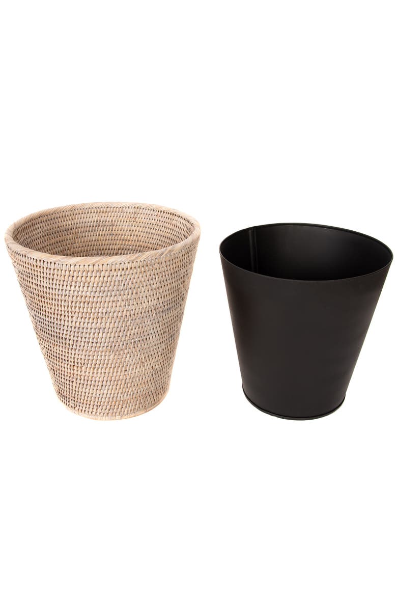 Artifacts Rattan Round Tapered Waste Basket with Metal Liner, Alternate, color, White Wash