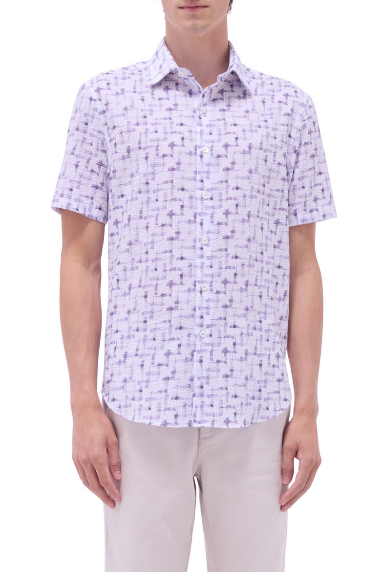 Orson Geo Print Short Sleeve Cotton Seersucker Button-Up Shirt, Main, color, LILAC