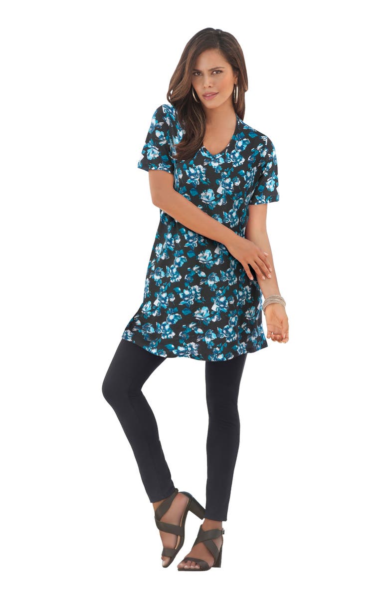 Roaman's Plus Size Ultimate Cotton V-Neck Short Sleeve Tunic, Main, color, Black Flower Print