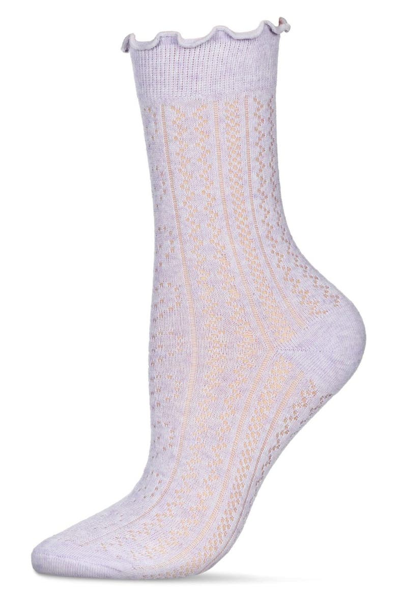 Heart Ruffle Cuff Cotton Blend Pointelle Crew Socks, Alternate, color, PURPLE HEATHER
