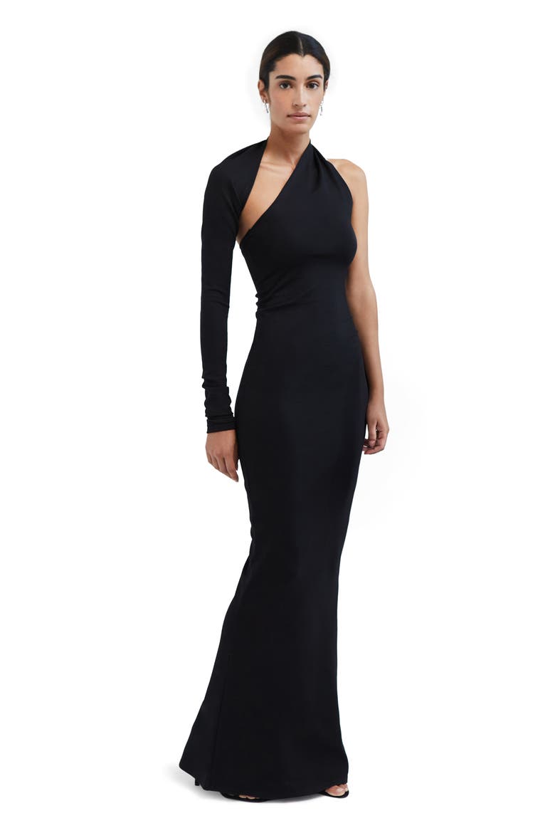 Manhattan One-Shoulder Ponte Knit Gown, Alternate, color, BLACK