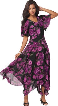 Roaman's Plus Size Floral Sequin Flutter Sleeve Gown Handkerchief Hem Maxi Dress