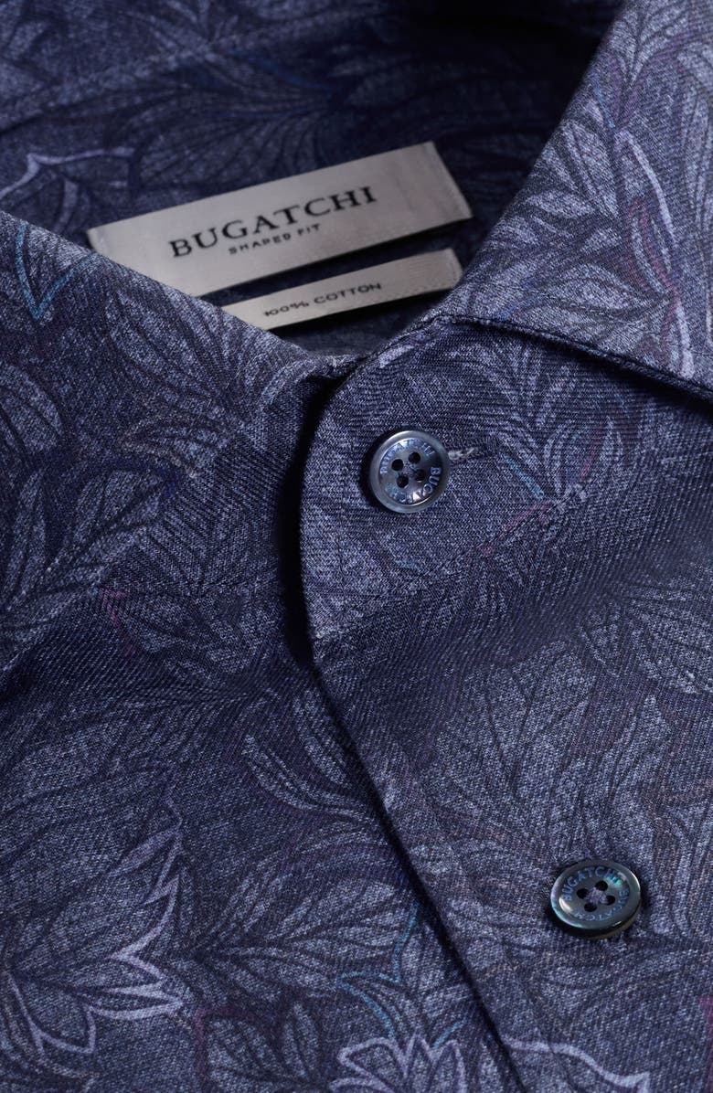 Bugatchi Alvin Shaped Fit Leaf Print Button-Up Shirt, Alternate, color, Night Blue