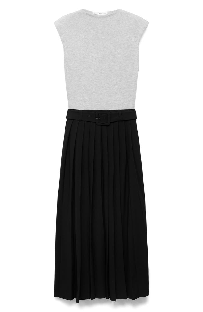 MANGO Pleated Belted Maxi Dress, Alternate, color, Grey