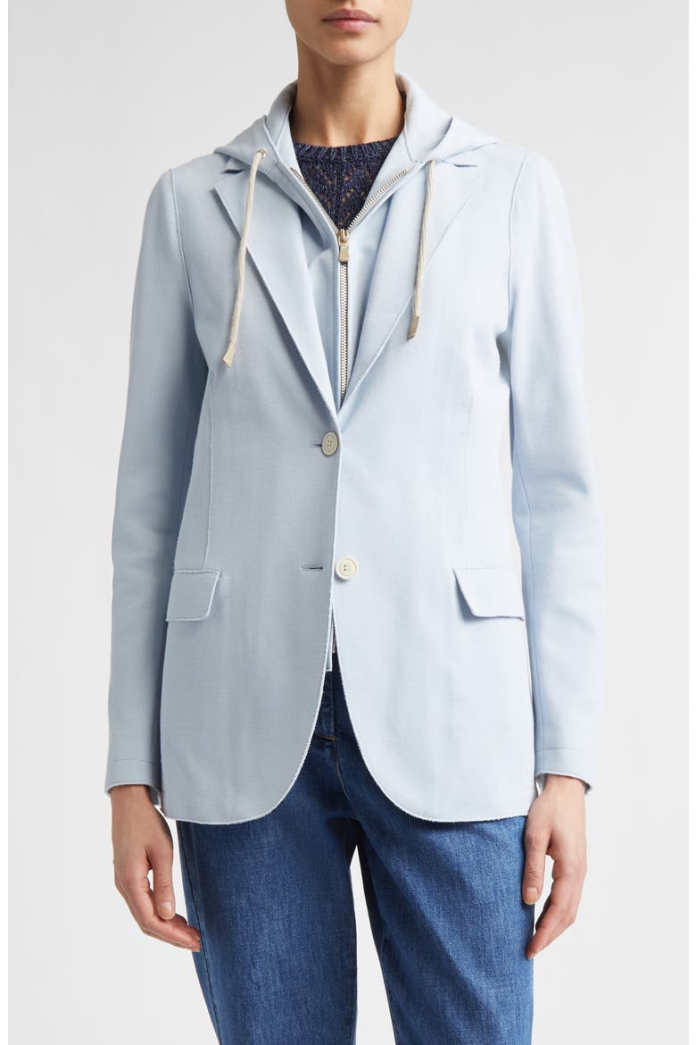 Laser Cut Cotton Blend Knit Jacket with Hooded Zip Inset, Main, color, 130 SKY BLUE