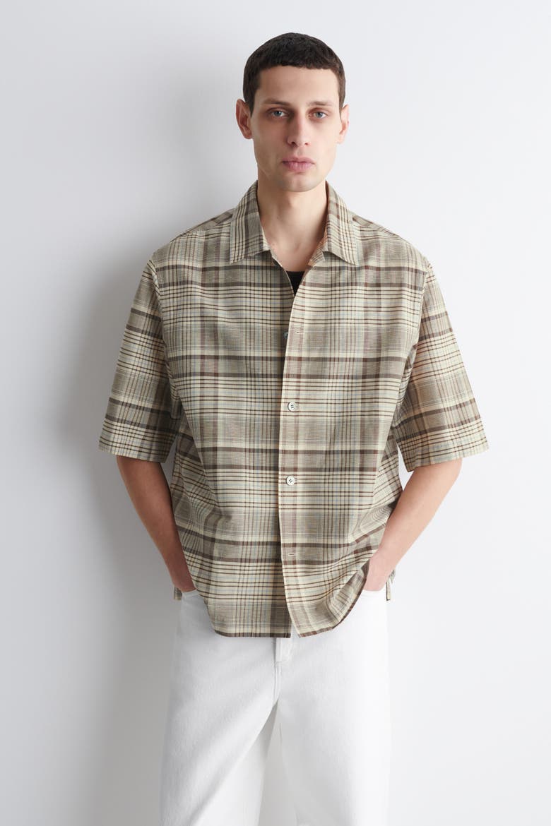 Checked Linen-blend Short-sleeved Shirt, Main, color, BEIGE / CHECKED