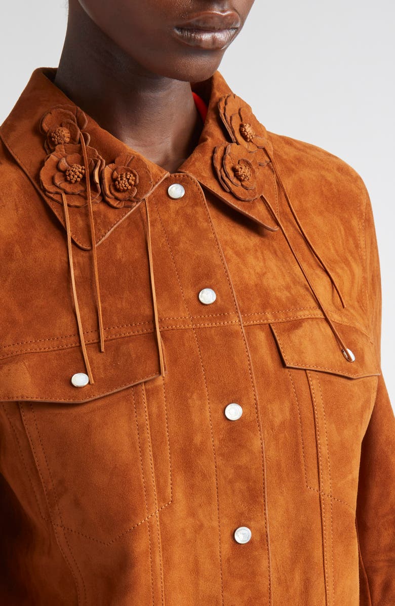 Versace Floral Appliqué Suede Jacket, Alternate, color, Tobacco