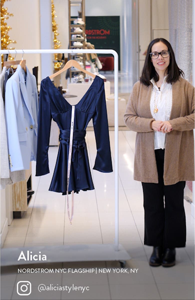 Dominique Crossover Strap Long Sleeve Satin Fit & Flare Dress, sales video thumbnail