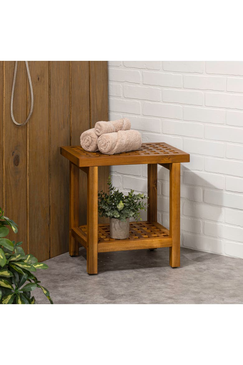 Armin Modern Acacia Wood Shower Stool with Storage Shelf, Heavy Duty Slatted Bath Spa Bench for Bathroom, Shower Entryway, Alternate, color, Natural