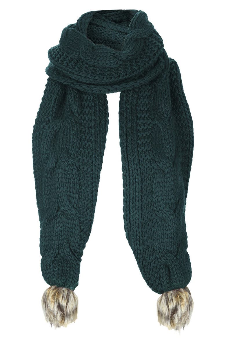 Cable Knit Scarf with Faux Fur Poms, Main, color, GREEN