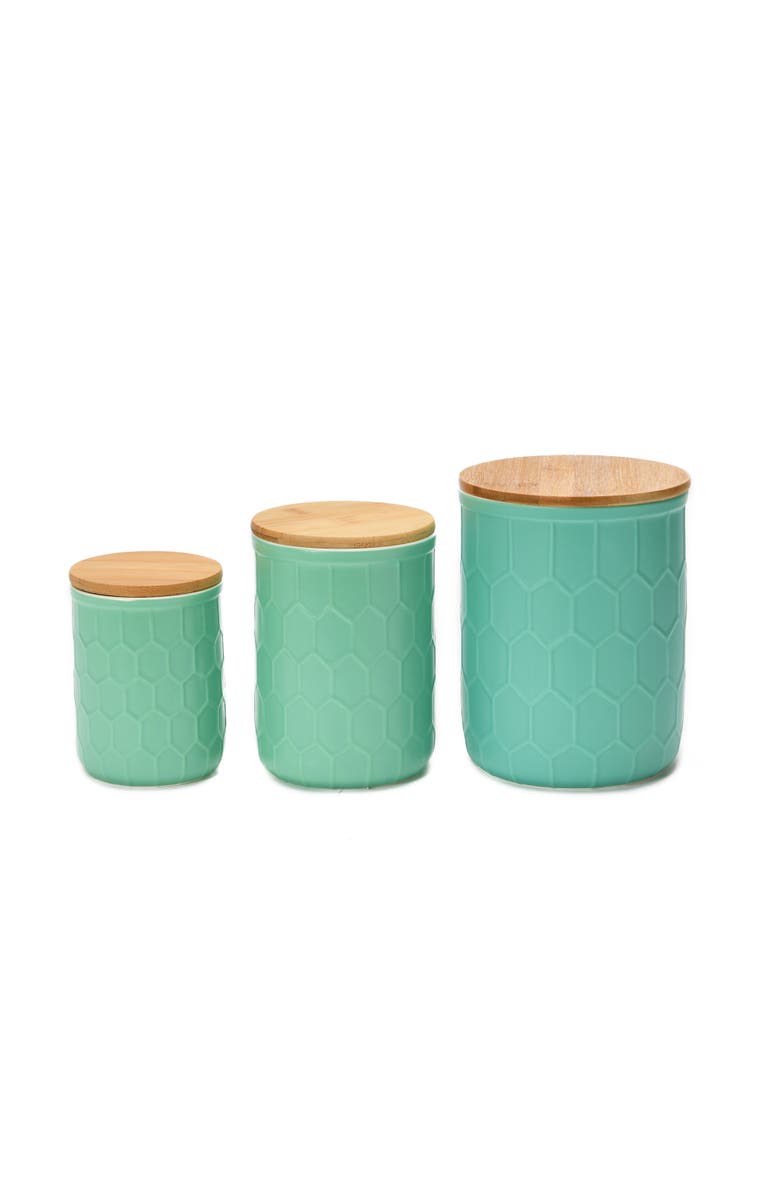 Storied Home Farmhouse Stoneware Canisters with Honeycomb Design and wood Lids, Mint Green and Natural, Set of 3 Sizes, Main, color, Green