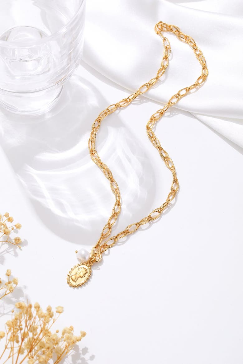 Carved Pendant and Freshwater Pearl Necklace, Alternate, color, Gold