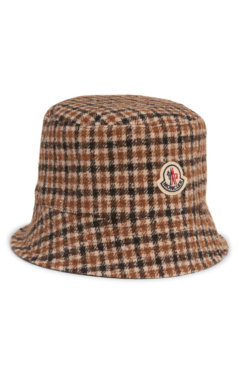 Moncler Reversible Check Logo Patch Bucket Hat, Main, color, Brown/ Beige Check