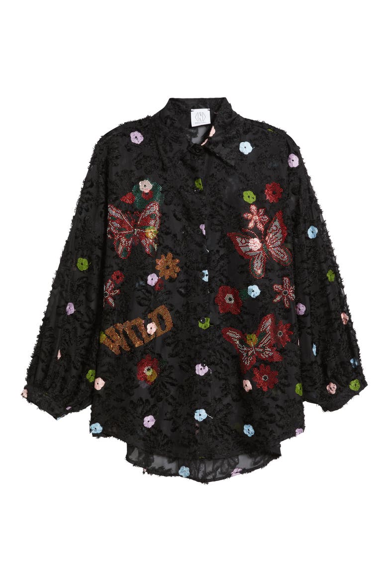 Emma Embellished Semisheer Button-Up Shirt, Alternate, color, BLACK