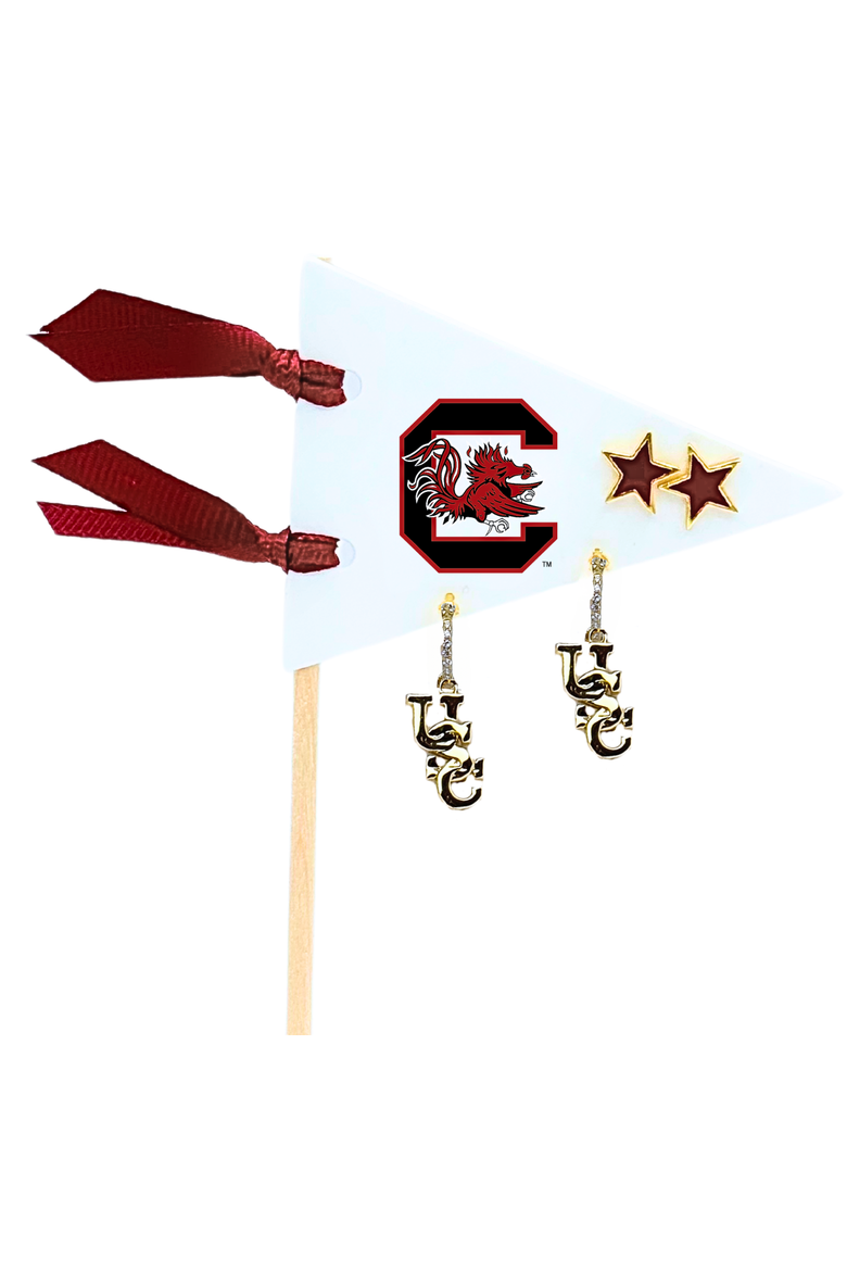University Of South Carolina Pennant Pair Earring Set, Main, color, Yellow Gold