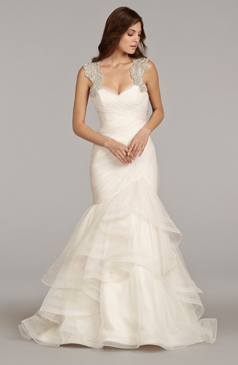 Hayley Paige Emeryn Embellished Tiered Chiffon Mermaid Dress, Alternate, color, 