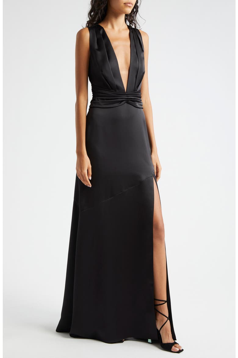 Ameera Plunge Neck Satin Gown, Alternate, color, BLACK