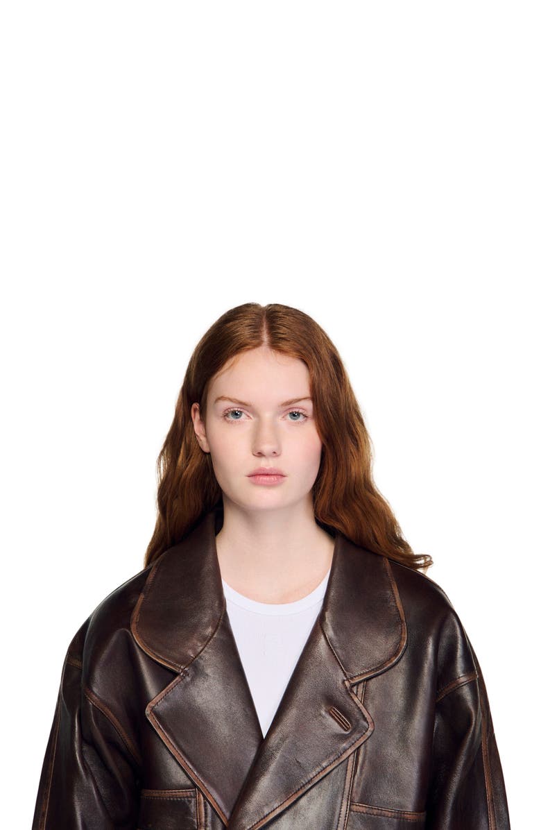 SANDRO Oversized leather jacket, Alternate, color, Brown