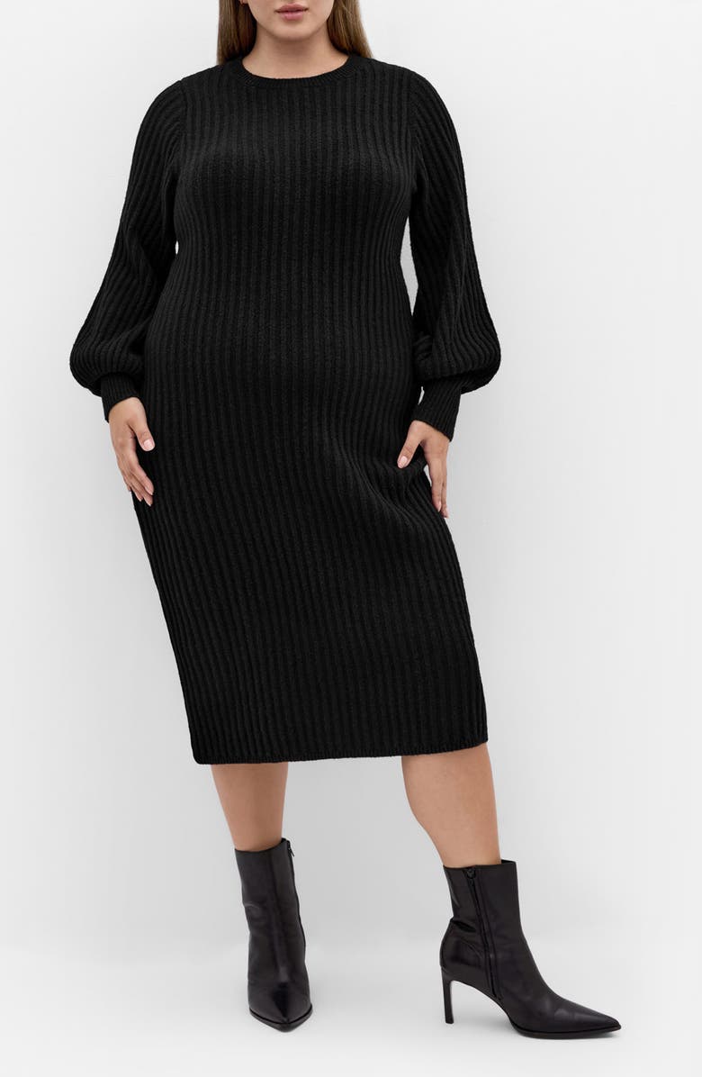 City Chic Sarah Long Sleeve Rib Sweater Midi Dress, Main, color, Black