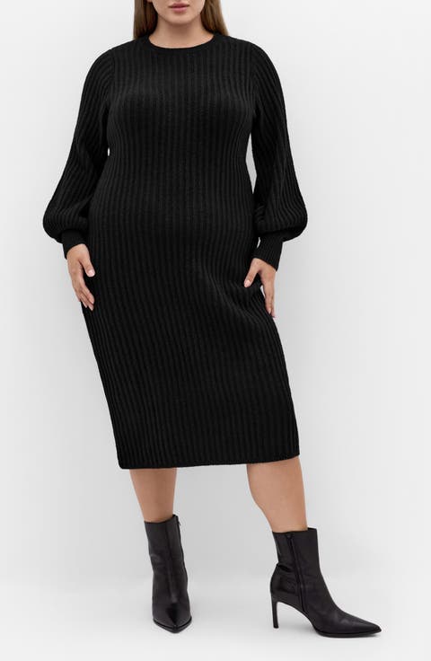 Sarah Long Sleeve Rib Sweater Midi Dress (Plus)