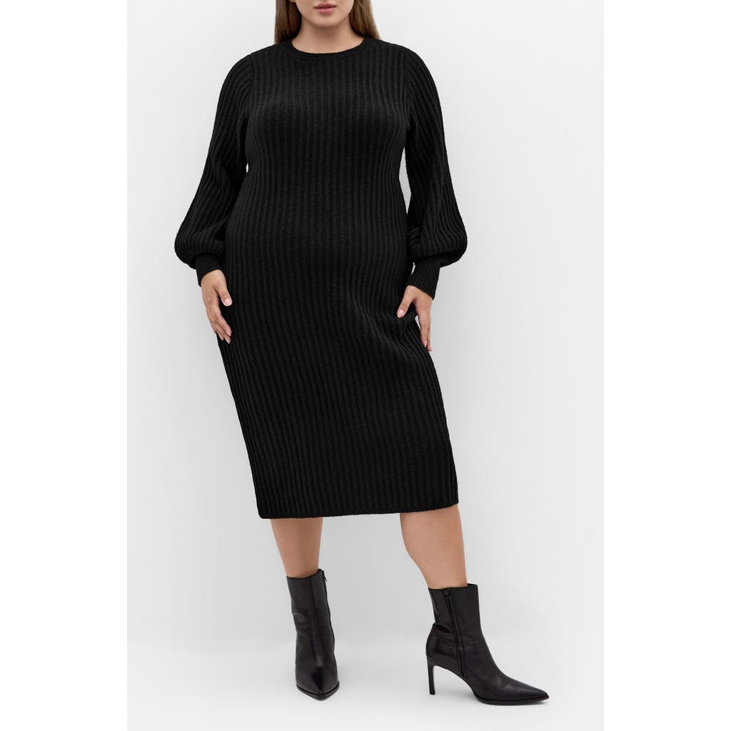 City Chic Sarah Long Sleeve Rib Sweater Midi Dress In Black