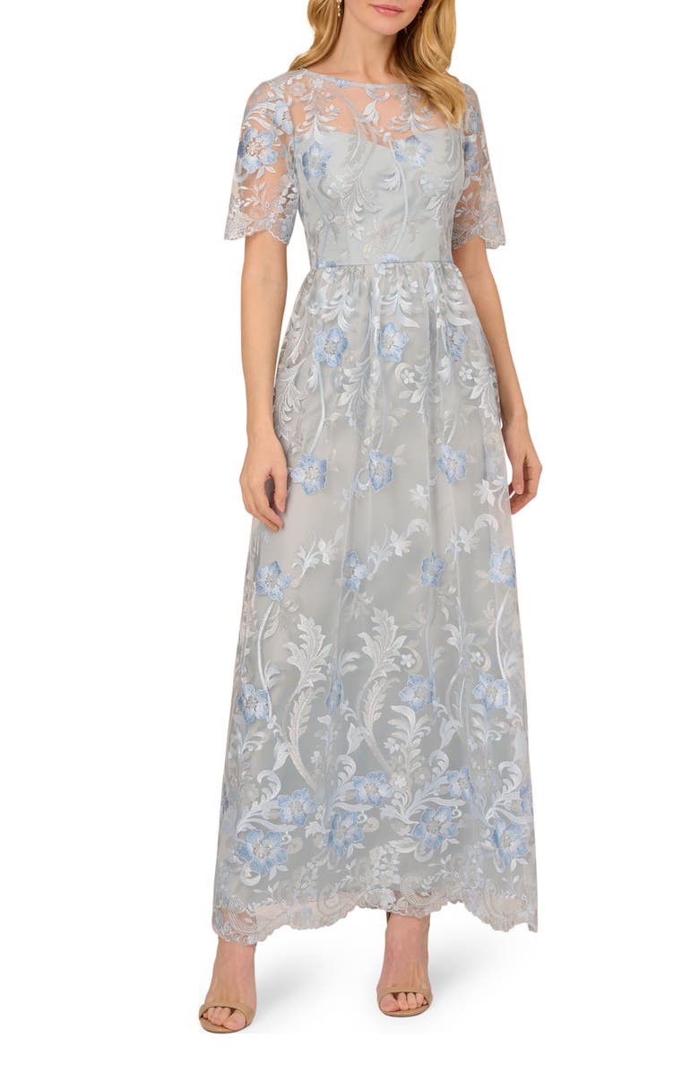 Adrianna Papell Floral Embroidered Short Sleeve A-Line Gown | Nordstrom
