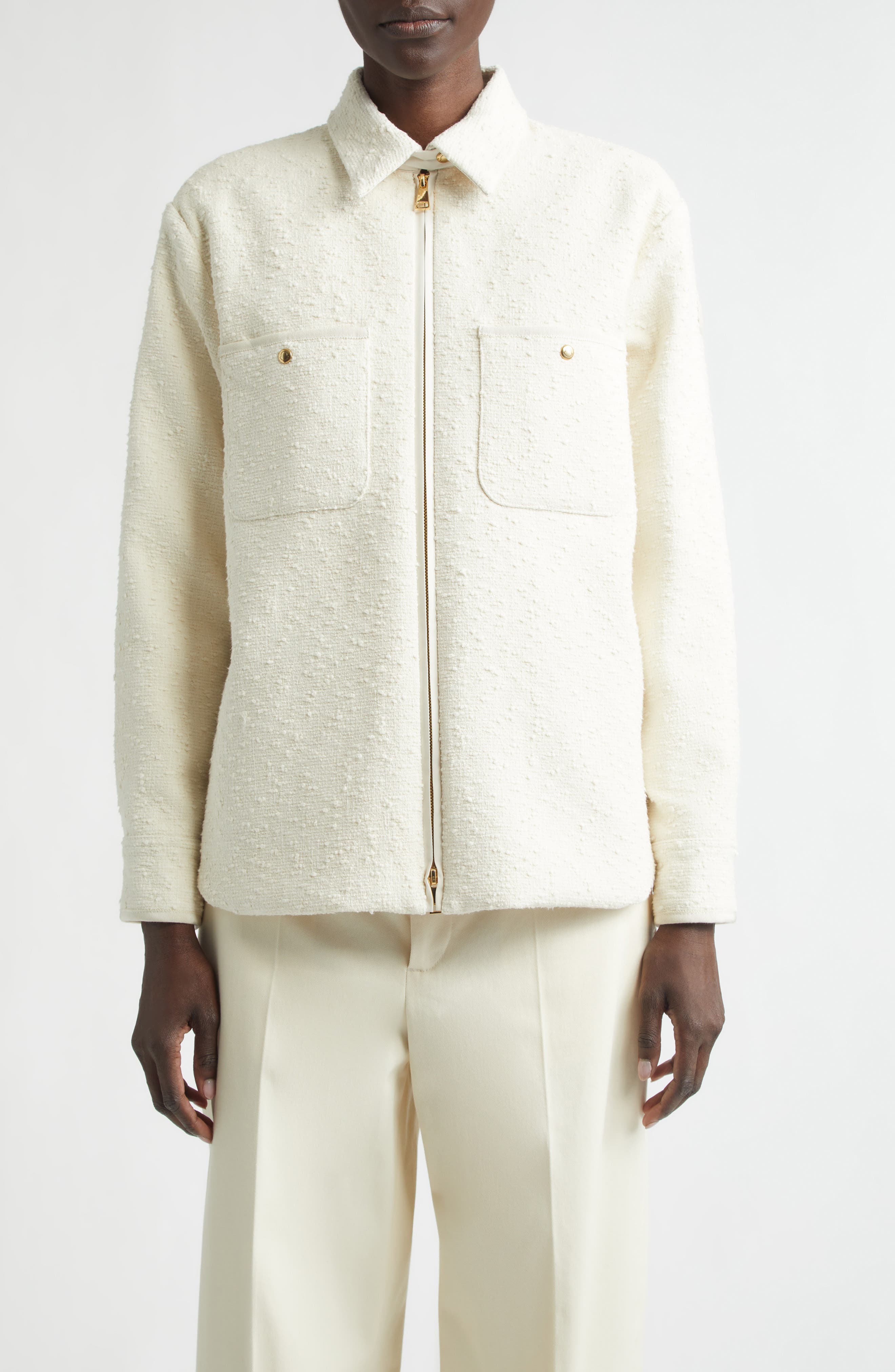 Cotton Blend Boucle Down Shirt Jacket