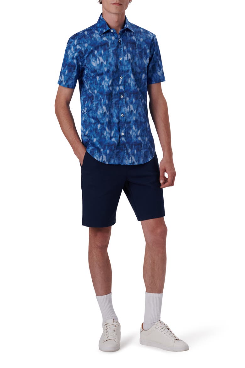 Shaped Fit Print Stretch Cotton Short Sleeve Button-Up Shirt, Alternate, color, FRENCH BLUE