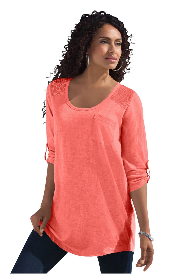 Textured Lace Trimmed Tunic, Main, color, SUNSET CORAL
