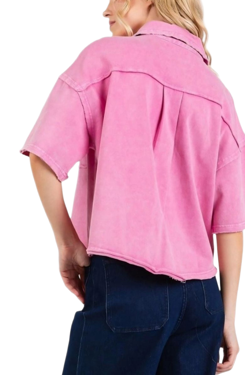 Knit and Lounge Utility Short Sleeve Button Front Boxy Fit Shirt Jacket, Alternate, color, Pink Acid Wash
