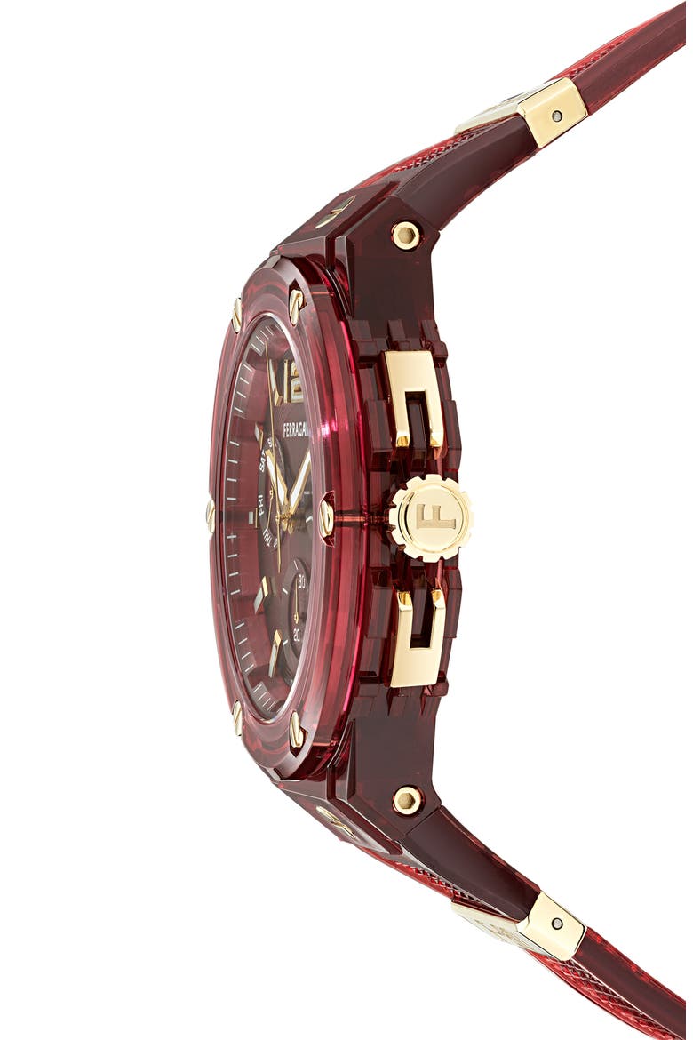 F-80 Translucent Chronograph Recycled Polyurthane Strap Watch, 44mm, Alternate, color, BURGUNDY