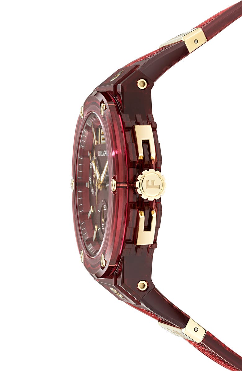 FERRAGAMO F-80 Translucent Chronograph Recycled Polyurthane Strap Watch, 44mm, Alternate, color, Burgundy
