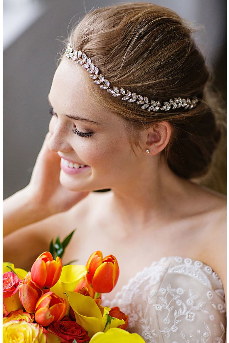 Alegra Crystal Leaf Halo & Sash, Main, color, ANTIQUE