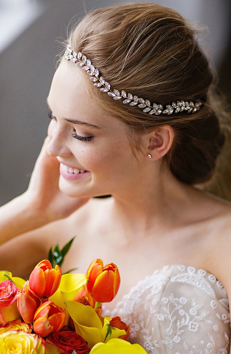 Brides & Hairpins Alegra Crystal Leaf Halo & Sash, Main, color,