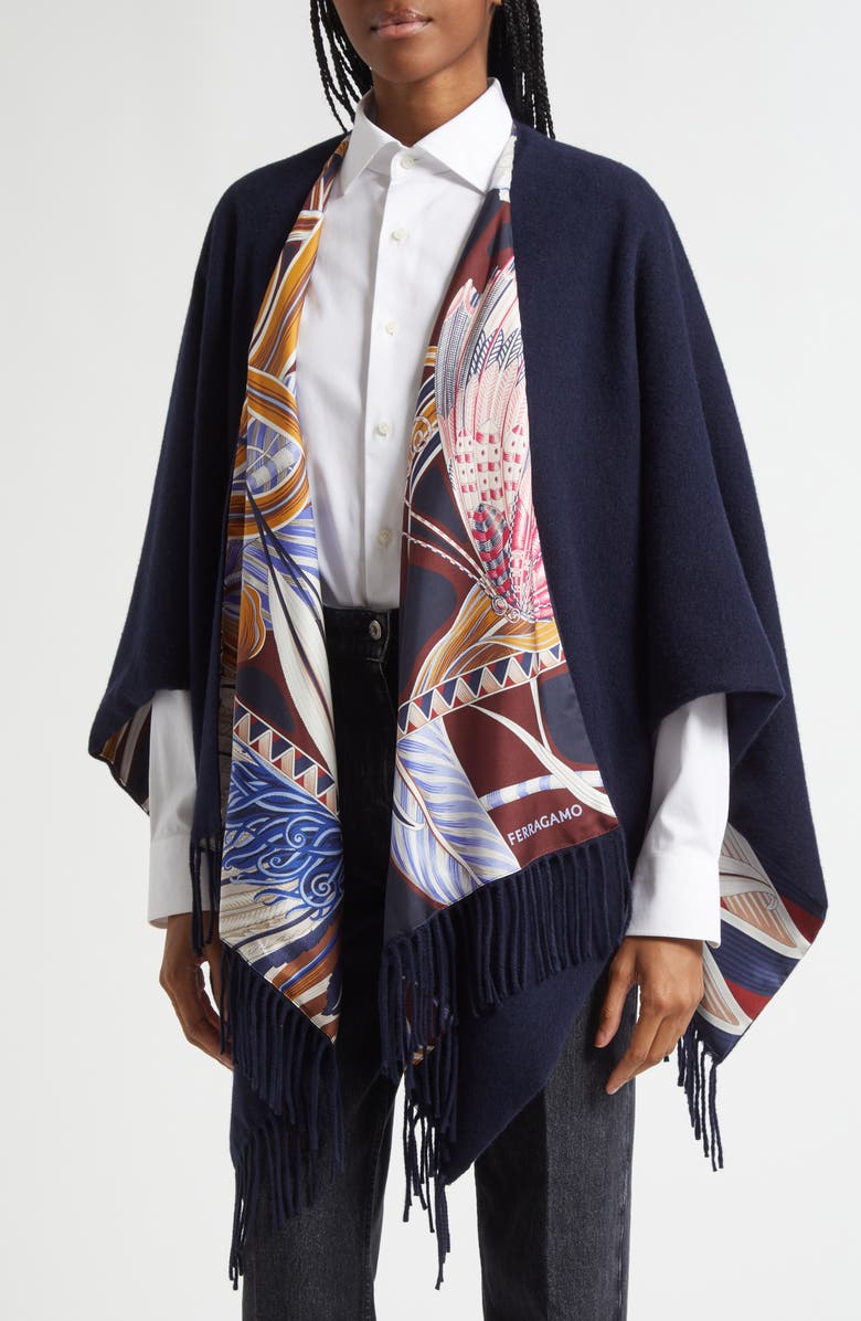 FERRAGAMO Giada Print Silk & Cashmere Blend Reversible Cape, Alternate, color, 